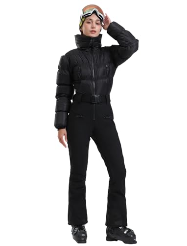 GSOU SNOW Womens Ski Suits Down One Piece Snowsuit Waterproof Snowboard Jumpsuits Winter Ski Outfit Black M