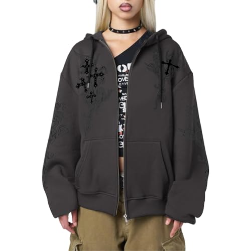 Kelxjia Goth Zip Up Hoodie Women Grunge Cross Graphic Jacket Y2k Aesthetic Zipper Hoodies Vintage Harajuku Sweatshirt Unisex(Deep gray1,XL)