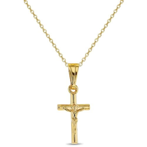 In Season Jewelry Gold Plated Small Jesus Crucifix Cross Pendant Catholic Necklace for Children 16" Religious Jesus Christ Crucifix Cross Pendant Necklace for Kids - Girls or Boys