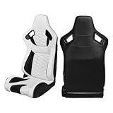 IKON MOTORSPORTS, Universal Racing Seats with Dual Sliders, Reclinable White & Black PU + Carbon Leather with Hexagonal Quilting Sport Bucket Seats, 1 Pair Driver + Passenger Side