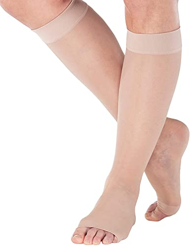 Made in USA - Compression Socks for Women 15-20mmHg with Open Toe - Sheer Graduated Support Stockings for Edema, Diabetic, Leg Pain Circulation - Nude, Large - A111NU3