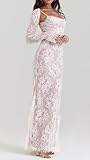 Women Vintage Cream Lace Maxi Dress Romantic Long Sleevees Lace Bodycon Dress White M