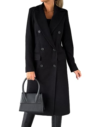 IDEALSANXUN Wool Coats for Women Fall Fashion Outfits 2025 Long Dress Ladies Double Breasted Trench Coat Warm Peacoat Jackets Winter Clothes, Black, M