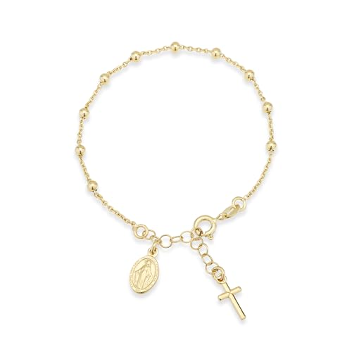Miabella 18K Gold Over Sterling Silver Italian Rosary Cross Bead Charm Link Chain Bracelet for Women, Adjustable, 925 Made in Italy (Length 6-7 Inch)