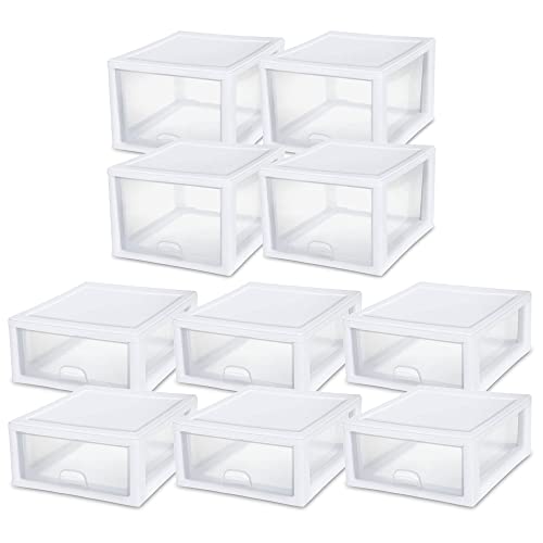 Sterilite 27 Qt (4 Pack) and 16 Qt (6 Pack) Clear Plastic Stackable Organizer Drawers, White