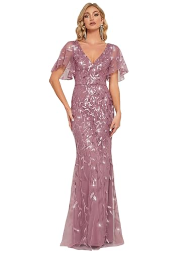 Ever-Pretty Women's Ruffles Sleeves Sequin Embroidery Evening Mother of The Bride Dress Orchid US16