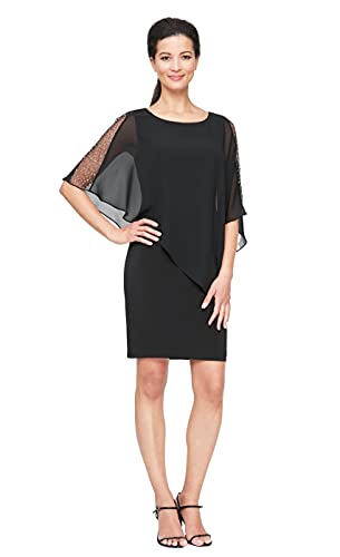 S.L. Fashions Women's Short Sheath Capelet Gown with Asymmetric Overlay, Mother of The Bride Dress (Petite and Regular Sizes), Black