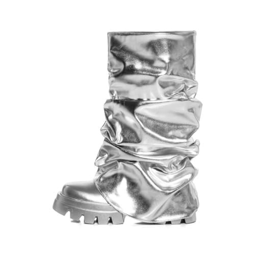 sexytag Silver Metallic Boots Slouchy Foldover Boots for Women Mid Calf Platform Round Toe Western Pull-On Fashion Shark Booties Silver Size 9