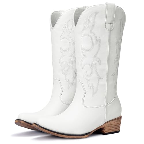 Choiran White Cowboy Boots for Women - Embroidered Cowgirl Boots Western Mid Calf Fashion Chunky Heel Pointed Toe Country Boot