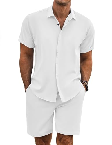 COOFANDY Men's Vacation Outfit Summer Short Sets for Men Beach Outfit, White, Large