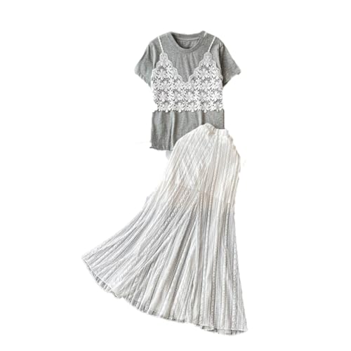 Women Casual Korean Style 2 Piece Set Lace Round Neck T-Shirt with Embroidered Elastic Waist Skirt Gray