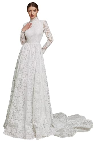 Vintage High Neck Lace Wedding Dresses Long Sleeve for Bride 2024 Muslim Modest All Lace A Line White Bridal Dresses White Wedding Gowns with Train Us16 Plus Size