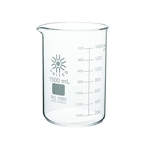 United Scientific™ BG1000-1500 Borosilicate Laboratory Grade Glass Beakers| Griffin Style Low Form Beaker | Graduated with Spout | Designed for Laboratories & Chemistry Classrooms| 1500mL Pack of 4