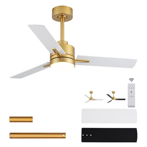 LANMEL 42'' Ceiling Fan with Lights and Remote, Low Profile Modern Ceiling Fan Gold, 6 Speed, Reversible, 3000k-6000k Dimmable LED, Quiet DC Motor for Indoor Outdoor Bedroom Living Room