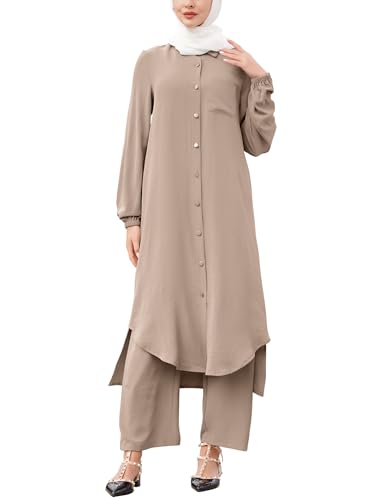 IDOPIP Abaya Dress for Women Muslim Set Long Sleeve Chiffon Islamic Prayer Dress Button Down Shirt with Pants 2PCS Middle East Dubai Outfits Plus Size Modest Arabic Casual Ramadan Clothes Khaki L