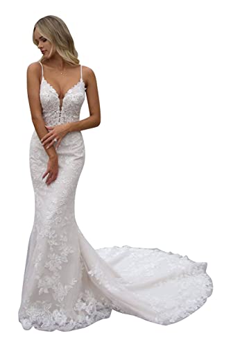 YMSHA Women's Spaghetti Strap Wedding Dresses for Guest Spaghetti Strap V Neck Elegant Bridal Dresses for Bride Ivory 10