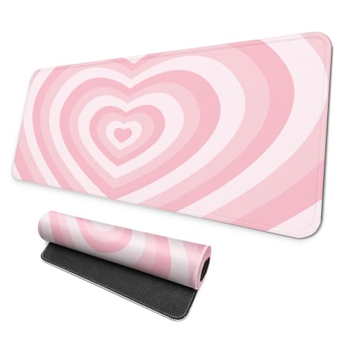 MAY FLOWER Large Gaming Mouse Pad, Full Keyboard Mat, Long Laptop Mousepad, Computer Mouse Mat for Home and Office, Anti-Slip Rubber Base, 31.5 x 11.8 Inches (Pink Loving Heart)