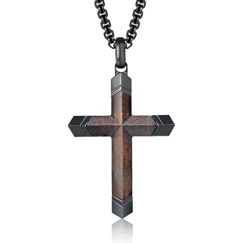 Wooden Cross Necklace for Men-Hawaiian Real Handmade Ebony Wood Cross Pendant Necklace Stainless Steel Chain, Mens Brown Cross Necklaces Koa Wood Jewelry Christian Baptism Crucifix Pendant for Men