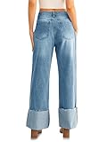 PLNOTME Womens Baggy Cuffed Jeans Casual Straight Leg Boyfriend Denim Pants with Pockets Light Blue