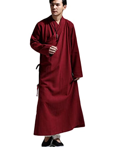 Ystylee Men's Long Buddhist Meditation Shaolin Monk Robes Maxi Gown Cotton Linen Kung Fu Martial Arts Clothing (as1, alpha, m, regular, regular, Drak Red)