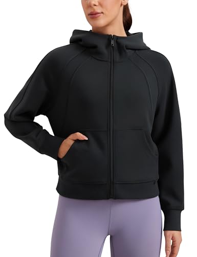 CRZ YOGA Womens SoftAura Full Zip Up Hoodie Workout Casual Hooded Sweatshirt Long Sleeve Athletic Jacket Black Medium