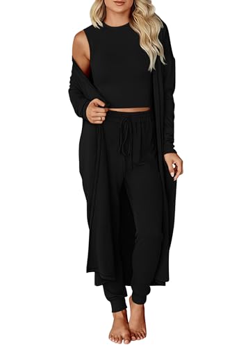 KIRUNDO 3 Piece Lounge Sets for Women Airplane Travel Outfits Casual Cardigan Sleeveless Top Pants Sets Matching Clothing(Black, Large)