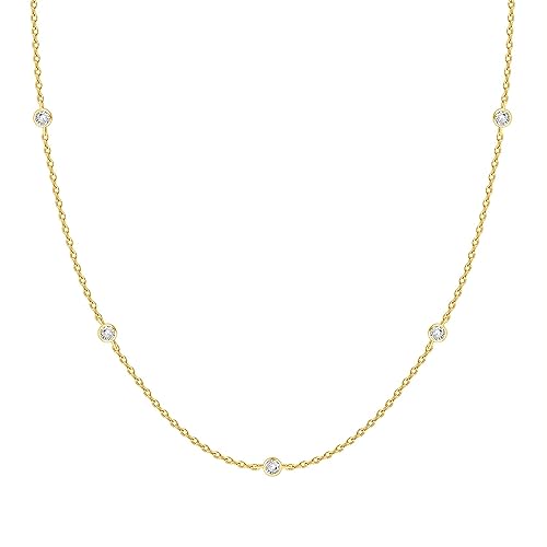 PAVOI 14K Yellow Gold Plated Station Chain Necklaces for Women - Dainty Simulated Diamond Necklace - Layering Cubic Zirconia Chain