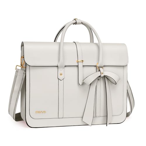 MOSISO Laptop Bag for Women, 15-15.6 inch PU Leather Laptop Shoulder Bags Convertible Backpack, 16 inch Messenger Bags Casual Handbag Work Briefcase Travel Computer Bag with Bowknot, Beige