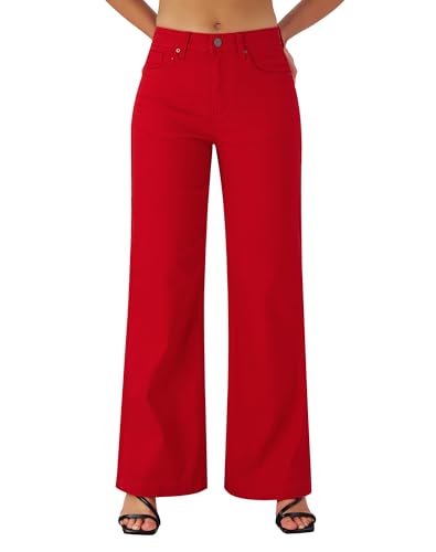 roswear Women's Wide Leg Jeans High Waisted Stretchy Denim Trouser Pants Red X-Large