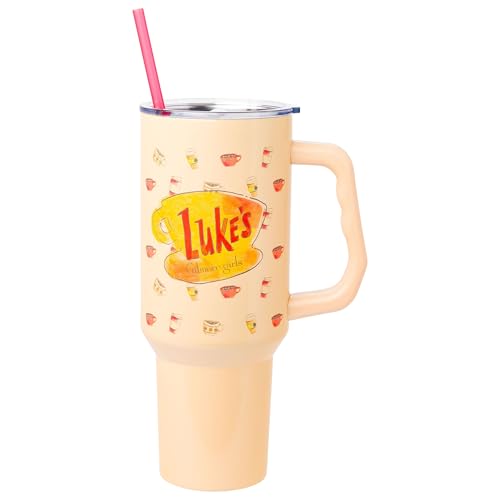 Silver Buffalo Gilmore Girls Luke's Diner Stainless Steel Tumbler with Handle and Straw, Fits in Standard Cup Holder, 40 Ounces