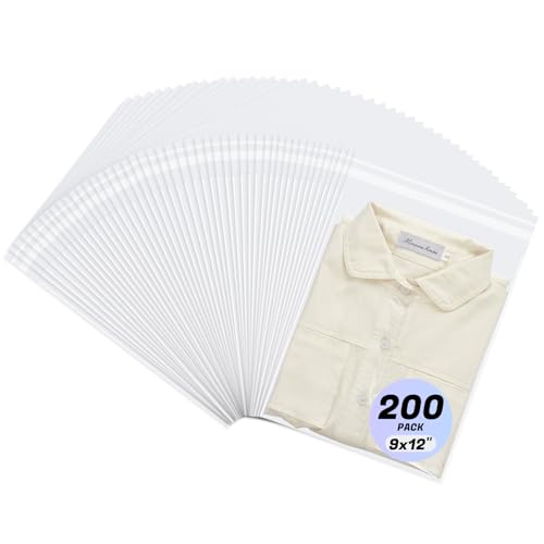 METRONIC 200 Pack 9x12 Inch Clear Plastic Bags for Packaging, Clothing, T-Shirts, Strong Packing Self Adhesive Cellophane OPP Poly Transparent Self Seal Bag for Prints, Photos, Documents for small business