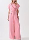 Happy Sailed Jumpsuits for Women Dressy Loose Casual Short Sleeve Belted Wide Leg Pant Romper One Piece Jumpsuit for Cocktail Party with Pockets Pink Large