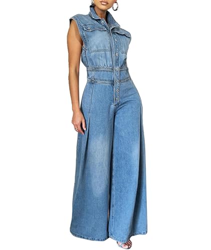 xxxiticat Women's Denim Jumpsuit Sleeveless Button Down Tank Top Flared Wide Leg Bell Bottom One Piece Jeans Overalls(BE,M)