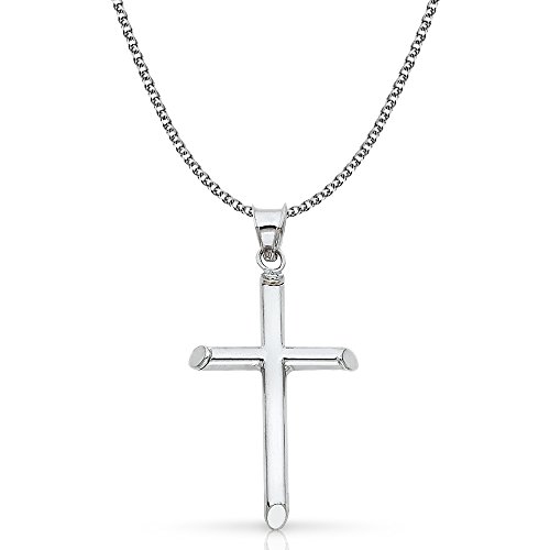 Ioka 14K White Gold Classic Cross Pendant with 1.4mm Flat Open Wheat Chain Chain Necklace - 20"