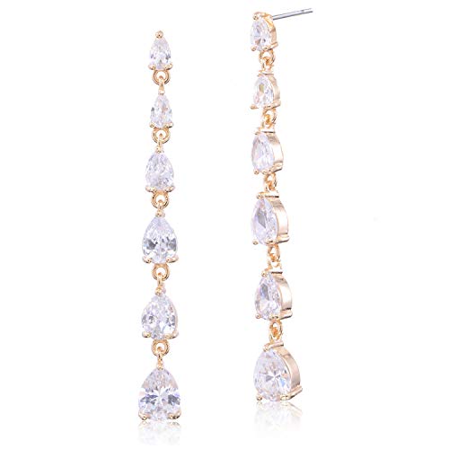CZ Linear Drop Earrings Gold - Women's Sterling Silver Multi Teardrop Cubic Zirconia Long Drop Post Earrings Crystal Bridal Wedding Prom Party Dangle Earrings for Bride Bridesmaids