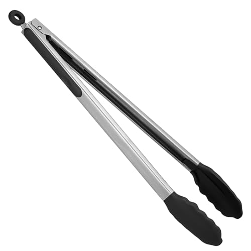 Heat Resistant Silicone Kitchen Tong: U-Taste 16 inch Extra Long Large 480ºF Hot Proof Cooking Tong with Sturdy Non Stick Rubber Tips & Non Slip Silicon Coated Steel Handle for Grilling BBQ (Black)