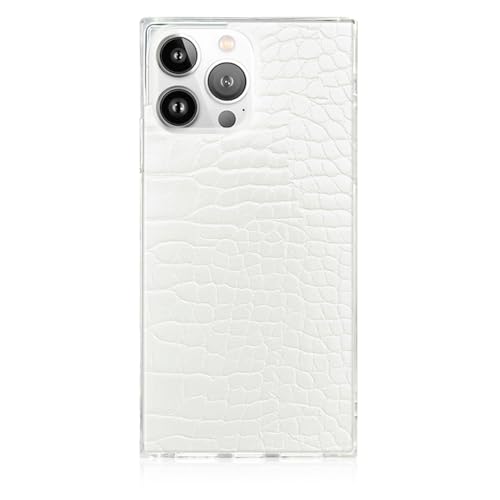 FLAUNT Official Square Protective Case - Compatible with iPhone 15 Pro Max - Faux Crocodile Leather Finish - Wireless Charging - Stylish Drop Tested Shockproof Phone Case - (White)
