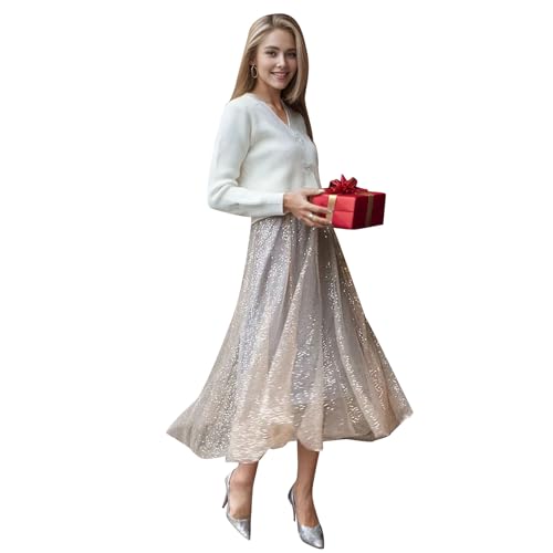 CHICWISH Women Tulle Mesh Sequin Skirts Elastic Waist Pleated Midi Skirt Sparkle Layered Flowy Fairy Tutu Skirts Yellow