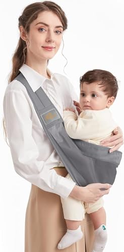 Mumgaroo Baby Sling Carrier, Pure Cotton, Ergonomically Adjustable Baby Carrier Newborn to Toddler, Easy to Use, Portable, Ideal for 0-36 Months, Up to 33 lbs (Grey)