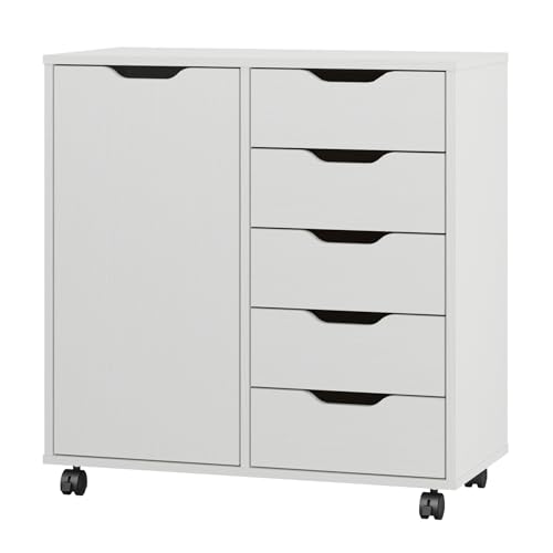 Panana 5-Drawer Chest with 1 Door, Wooden Chest of Drawers Storage Dresser Cabinet with Wheels, Office Organization and Storage, Bedroom Furniture (White-S)