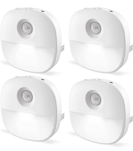 Lyridz Motion Sensor Night Light Indoor, 1-50 lm Dimmable LED Night Lights Plug Into Wall, Bright Plug-in Night Light with Dusk to Dawn Sensor for Stairs, Bathroom, Hallway, Garage, Toilet, (4 Pack)