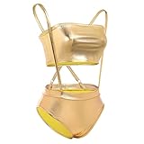 FYMNSI Women Sexy Holographic Metallic Bandeau Top Strapless Bikini Reflective Shiny Booty Shorts High Waist Cheeky Clubwear Gold Medium