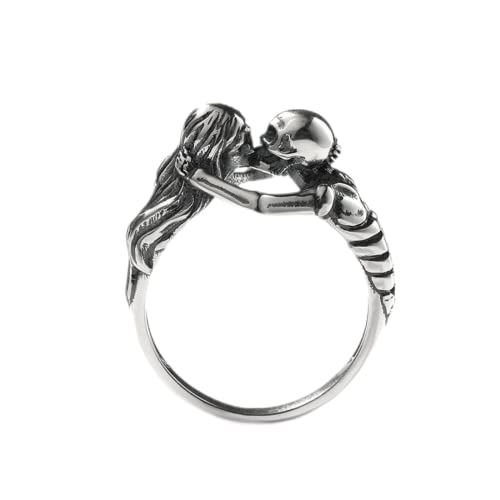 Jeulia Gothic Black Skull Rings Sterling Silver Kiss of Death Skeleton Band Rings for Women Men Couples Halloween Jewelry Engagement anniversary with Gift Box (Kiss of Death, 7)