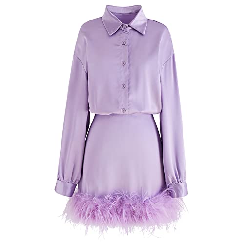 CHICWISH Women's Purple Ethereal Feather Trimming Turn Down Collar Long Sleeve Satin Dress