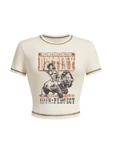SOLY HUX Women's Vintage Graphic Tees Crop Tops Short Sleeve Letter Western Cowgirls Y2k T Shirt Apricot Graphic Medium
