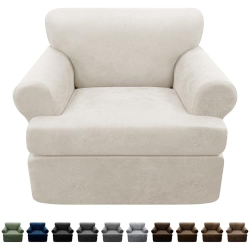 Pfrstuv 2-Pieces T Cushion Armchair Slipcovers Leather Look Couch Cover Chair Covers Stretch Furniture Protector Sofa Cover with 1 Individual T Cushion Seat Cover Slipcover Sets Washable, Beige