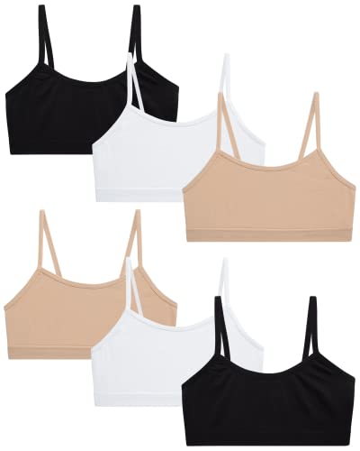 Rene Rofe Girls' Training Bra - 6 Pack 4-Way Stretch Spaghetti Strap Unpadded Bralette Starter Bras for Girls (7-14), Size 14, Black/White/Nude