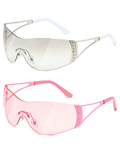 TIANYESY Y2K Sunglasses For Women Men Fashion Shield Rimless Wrap Around Sunglass Gradient Lens Trendy Oversize Sun Glasses (Silver+Pink)