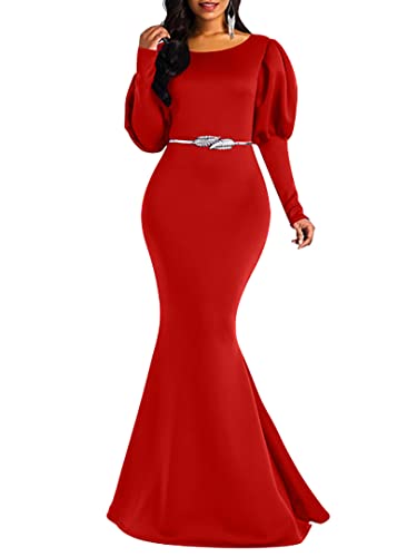 Memoriesea Women's Elegant Long Puff Sleeve Crew Neck Bodycon Mermaid Evening Gown Maxi Dress Red