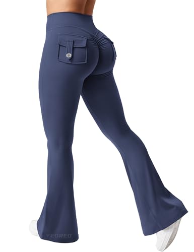 YEOREO CoreFlex Flare Leggings with Pockets for Women Scrunch Workout Leggings Butt Lifting Gym Yoga Pants Navy Blue